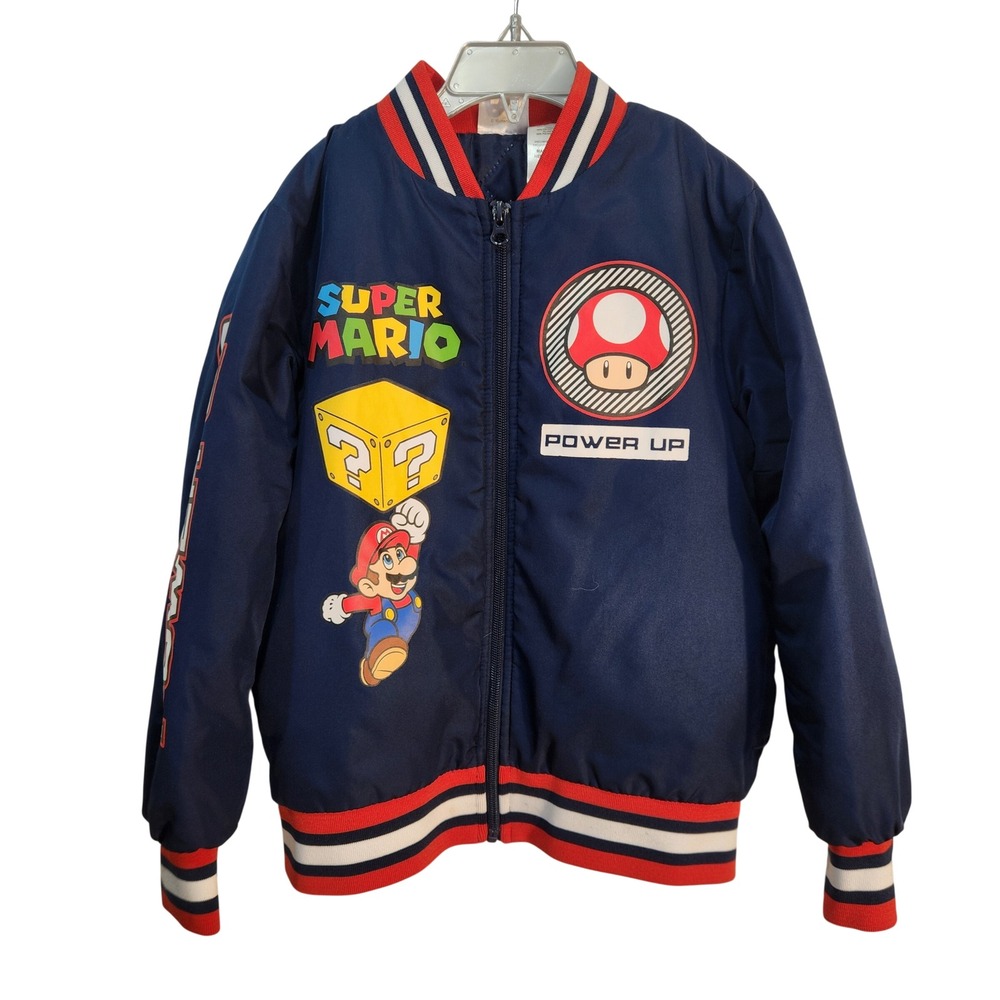 Kids Super Mario Bomber Jacket‎ Navy Red White Full Zip Mario Bowser Luigi Sz 8